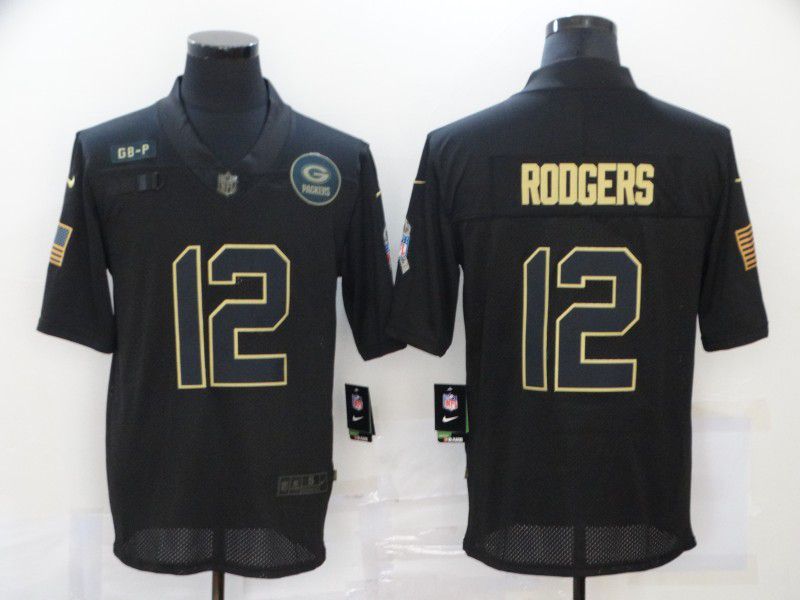 Men Green Bay Packers 12 Rodgers Black gold lettering 2020 Nike NFL Jersey